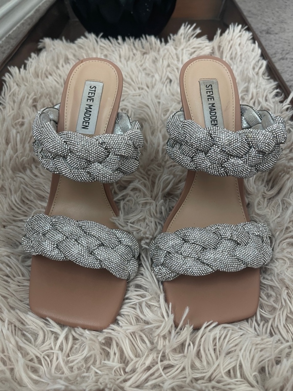 Steve Madden Silver Braided Double-Band Slip-On Mules